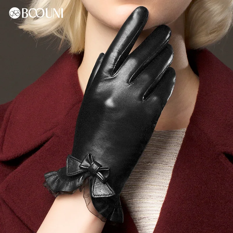 Genuine Leather Gloves Women Fashion Red Brown Short Winter Plus Velvet Thicken Bow knot Lace Real Sheepskin Driving Glove NW176