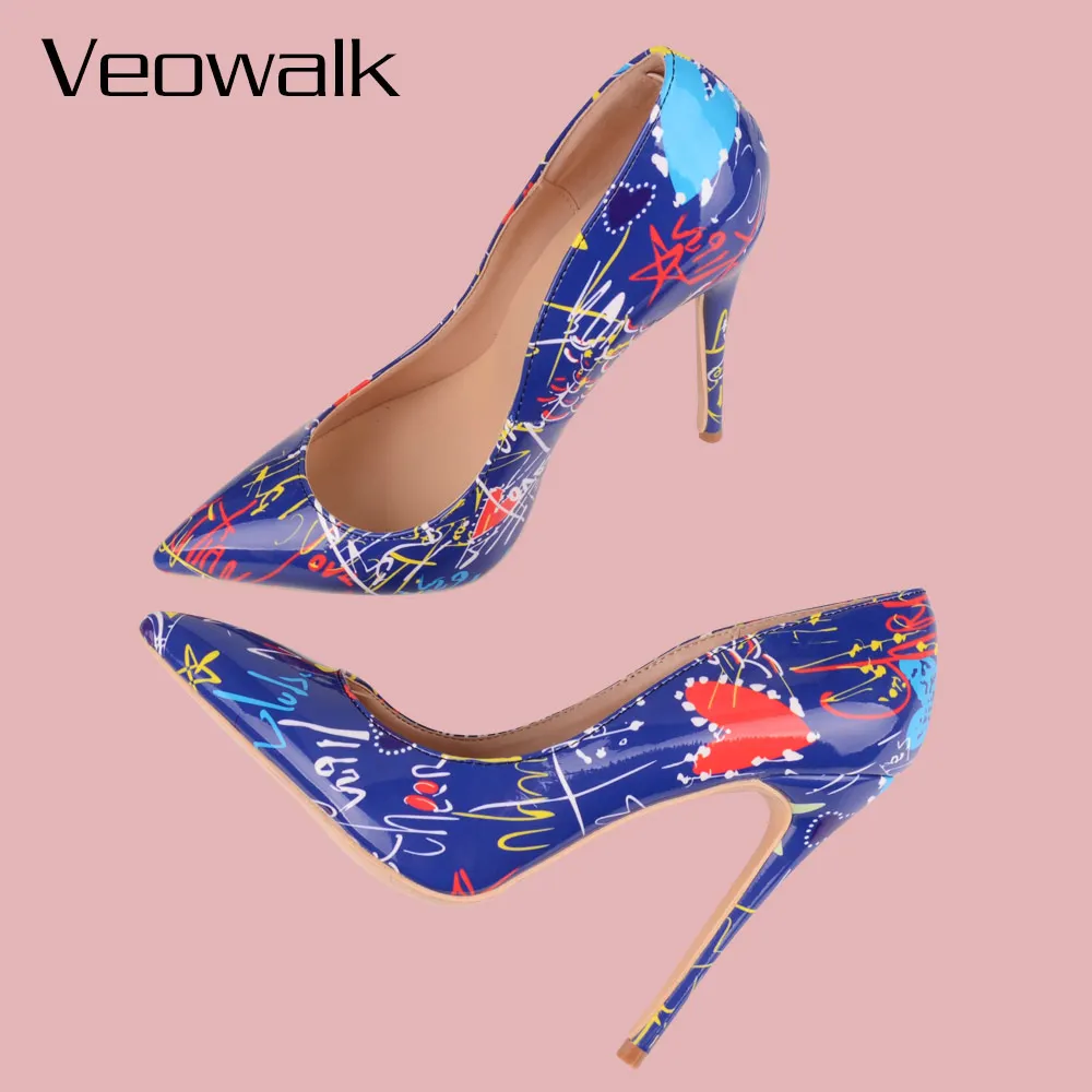 Veowalk Artistic Graffiti Colorful Women Pumps Sexy Stiletto high heels Spring Wedding Party Woman Shoes sapato feminino Blue