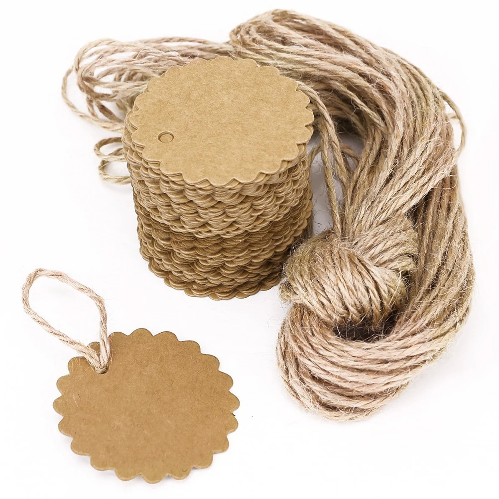 100pcs 60mm Round Scalloped Kraft Paper Card / Cute Luggage Tags / DIY Tag / Luggage Tag / Price Label With 10M Jute Twine