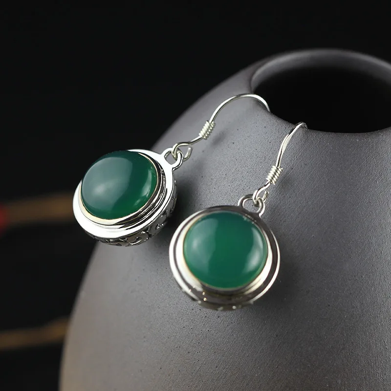 

KJJEAXCMY boutique jewelry Thai folk style retro green chalcedony Agate Earrings long white eye drops of exaggerated