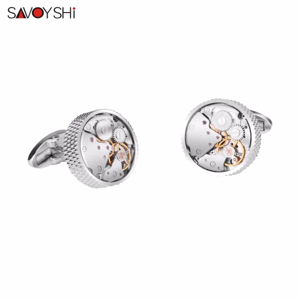 SAVOYSHI Mechanical Watch Movement Cufflinks for Mens Shirt Cuff button High Quality Silver color Round Cuff link Brand Jewelry