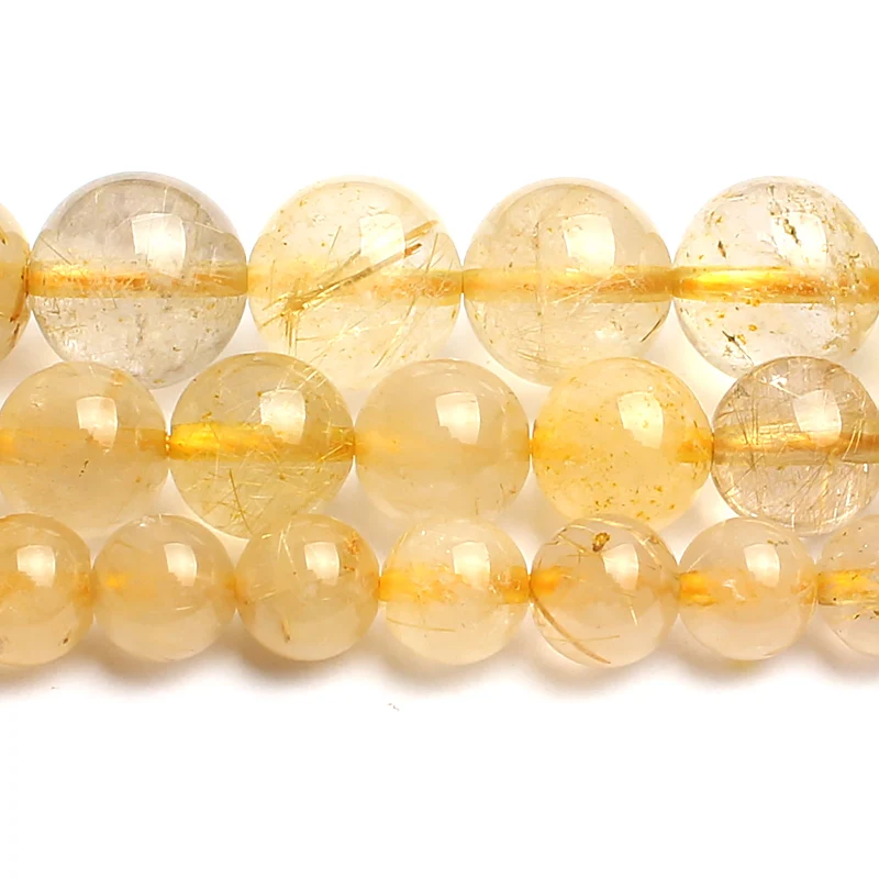 Natural Gold Color Rutilated Quartz Stone Round Loose Beads For Jewelry Making Bracelet 15inch 6/8/10mm Pick Size