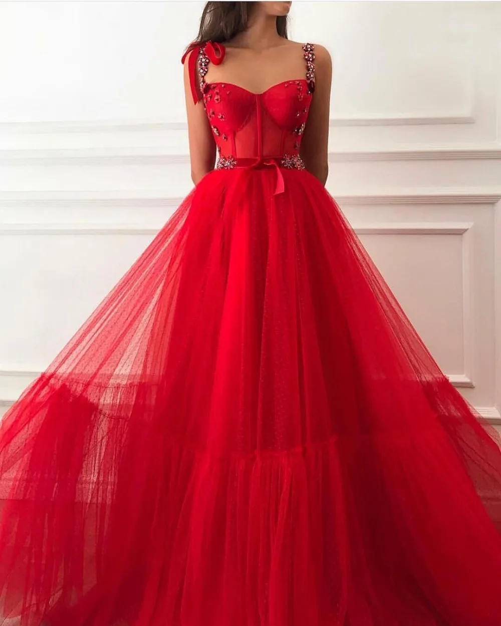 

Red Muslim Evening Dresses A-Line Beaded Straps Sweetheart Tulle Islamic Dubai Saudi Arabic Long Evening Gowns Prom Dress