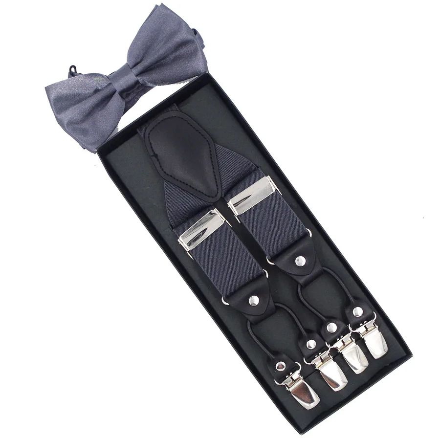 New Suspenders Set leather 6 Clips Braces with Bow Tie Vintage Casual Suspensorio Trousers Strap Father/Husband\'s Gift