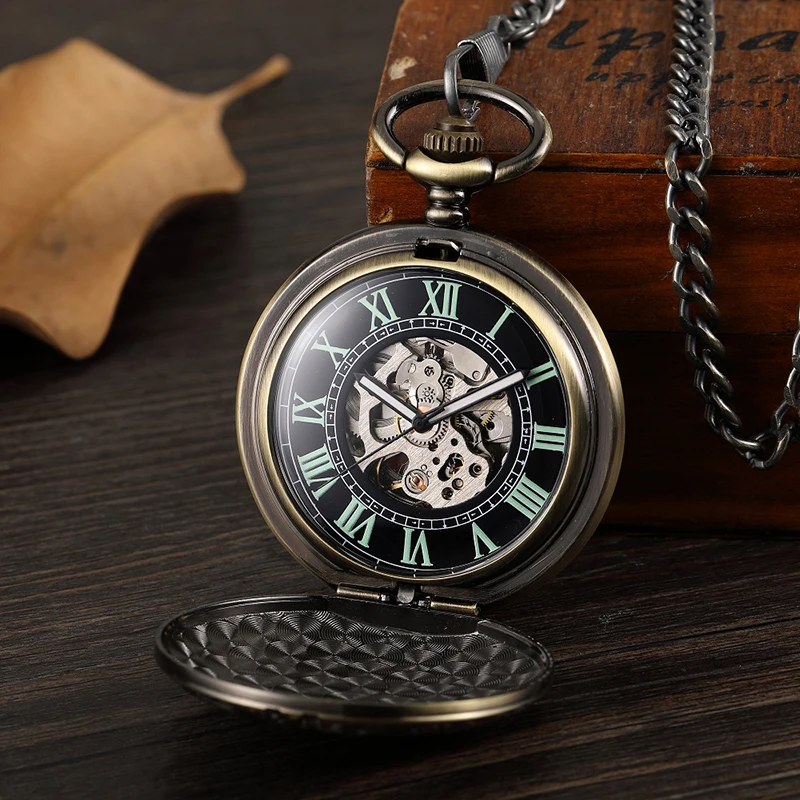 Vintage Bronzen Ingestort Mechanisch Zakhorloge Romeinse Cijfers Analoog Antiek Handwindhorloge Hangend Steampunk Heren Cadeau