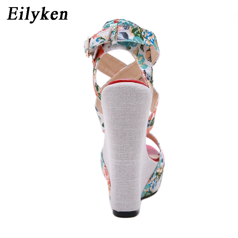 Eilyken Summer Fashion Peep Toe Solid Platform Wedges Sandals Women Designer Silk Print Flower Fabric High Heels Female Shoes