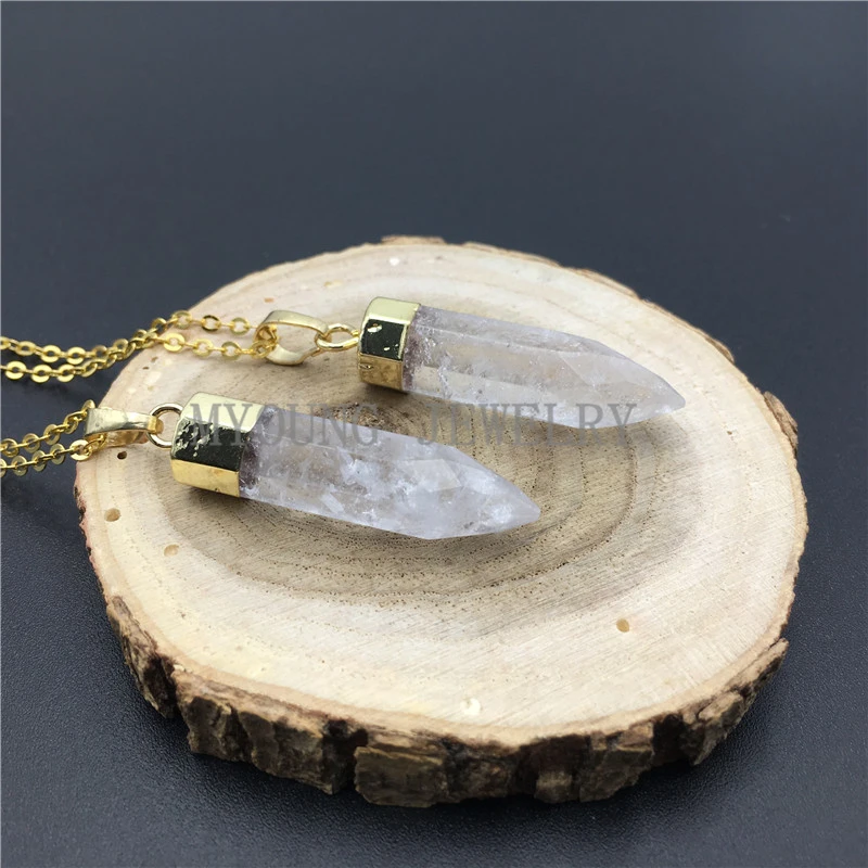 MY0955 Clear Rock Crystal Quartz Pillar Point Spike Pendant Necklace With Gold Chain Necklace kolye