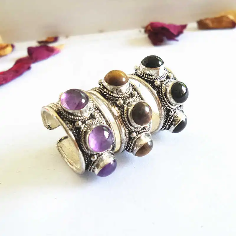 Real Tibetan Ethnic Rings White Metal Copper inlaid Three Beads Open Rings Tiger Eye Ring for Man R245 