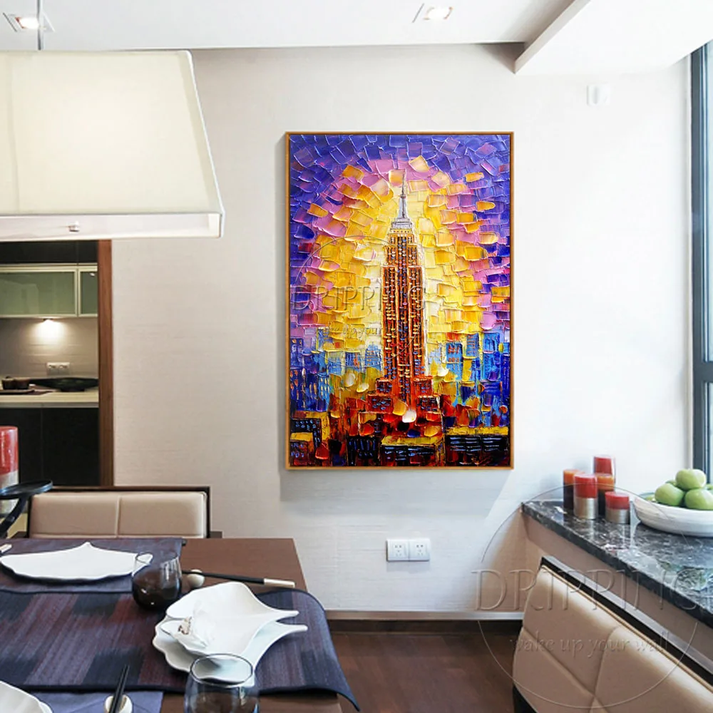 Artist Hand-painted High Quality Textured Empire State Building Oil Painting on Canvas Vivid Colors New York Building Painting