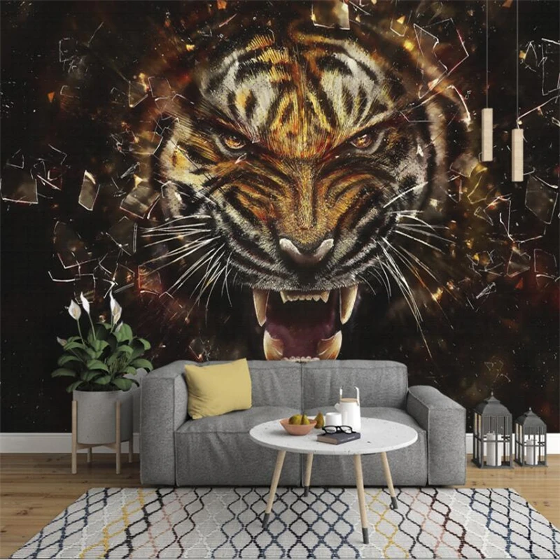 

wellyu Super three-dimensional hand-painted oil painting tiger mural TV background wall custom large mural green wallpaper