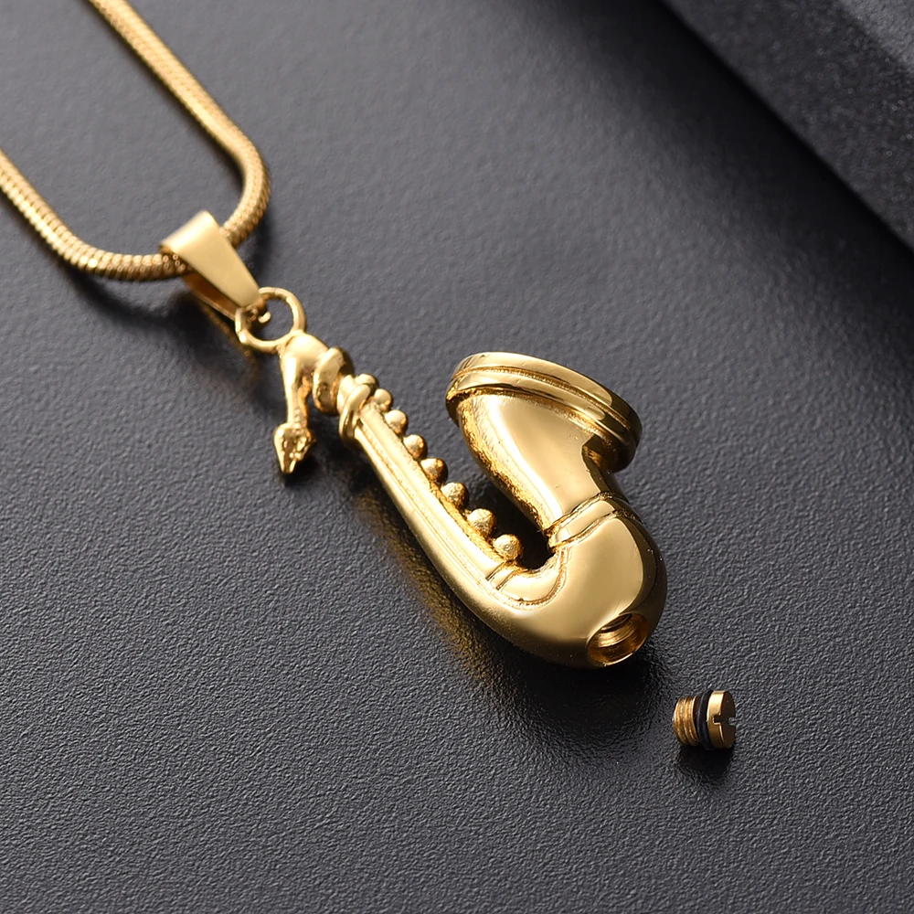 

IJD10054 Stainless Steel Musical Collection Cremation Jewelry Golden Saxophone Keepsake Memorial Urn Necklace For Ashes 2022 New