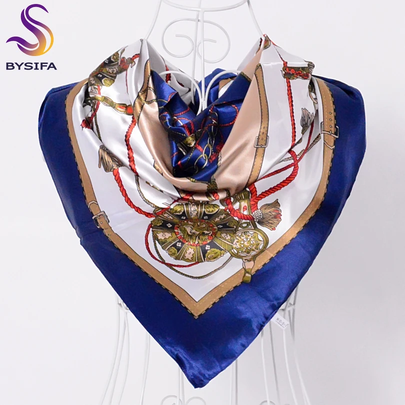 2018 Fashion Women Square Silk Scarf Shawl Printed Spring Autumn National Brand Beige Scarves Hot Sale Satin Silk Scarf Wraps image 4