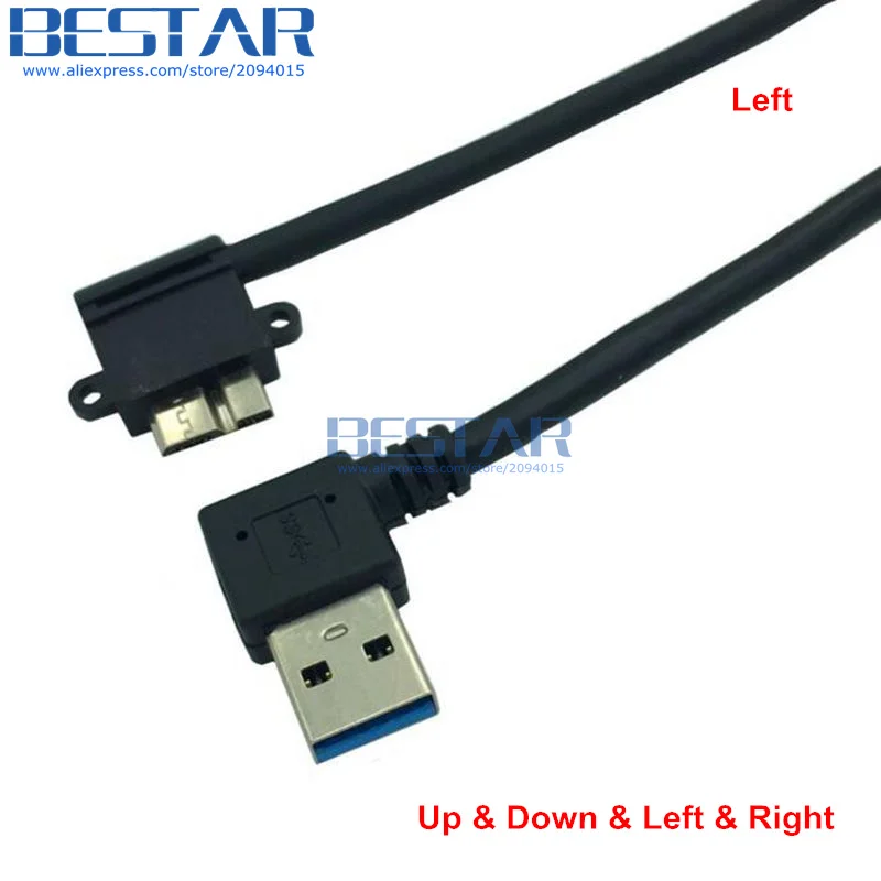 (10pcs/lot) 25CM USB 3.0 A Left Right Up Down angle male to Micro B male BM Right angled short Cable with screw panel mount