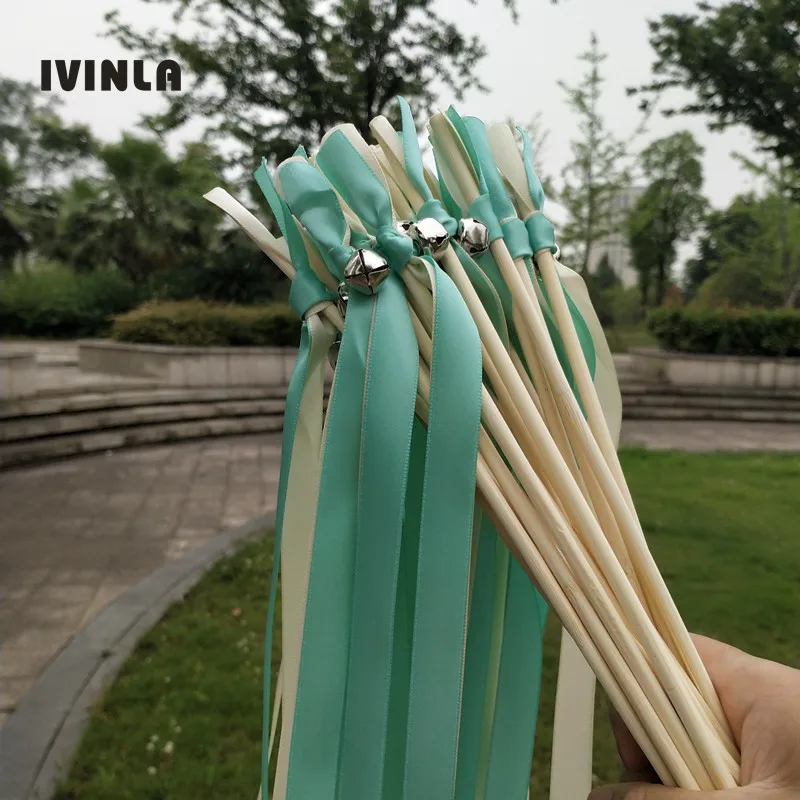 50pcs/lot green and cream ribbon Wands with sliver Bells for wedding party