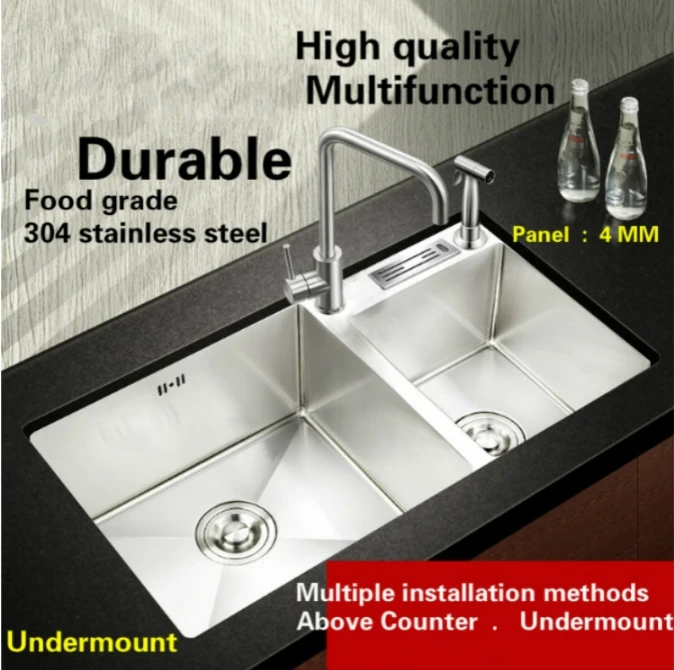 Free shipping Apartment  vogue kitchen manual sink double groove multifunction 304 stainless steel hot sell 750x410/740x430 MM