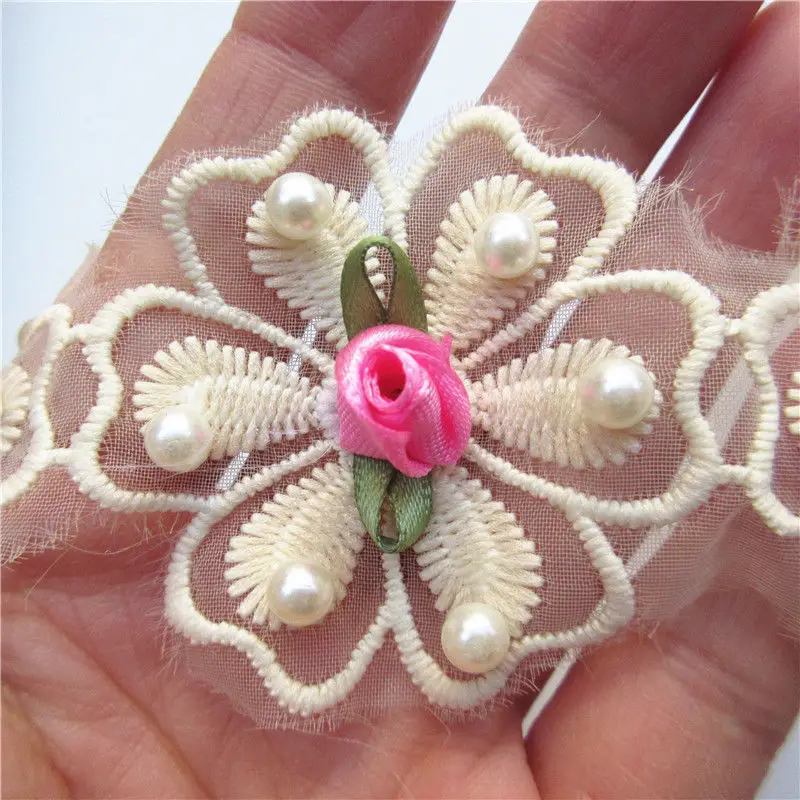 50Pcs Cotton Vintage Rose Flower Floral Apricot Lace  Trim Ribbon Pearl Embroidered Applique Wedding Dress Fabric Sewing Craft