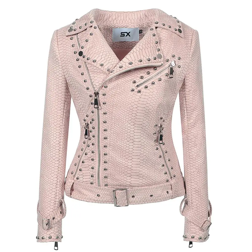 SX 2019 winter and autumn Belt Rivet Gothic fashion Motorcycle Jacket pink deerskin velvet jacket