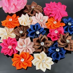 40Pcs Handmade Small Fabric Satin Flowers with Rhinestone Appliques Sewing Wedding Garment Accessories Flowers 2.8cm