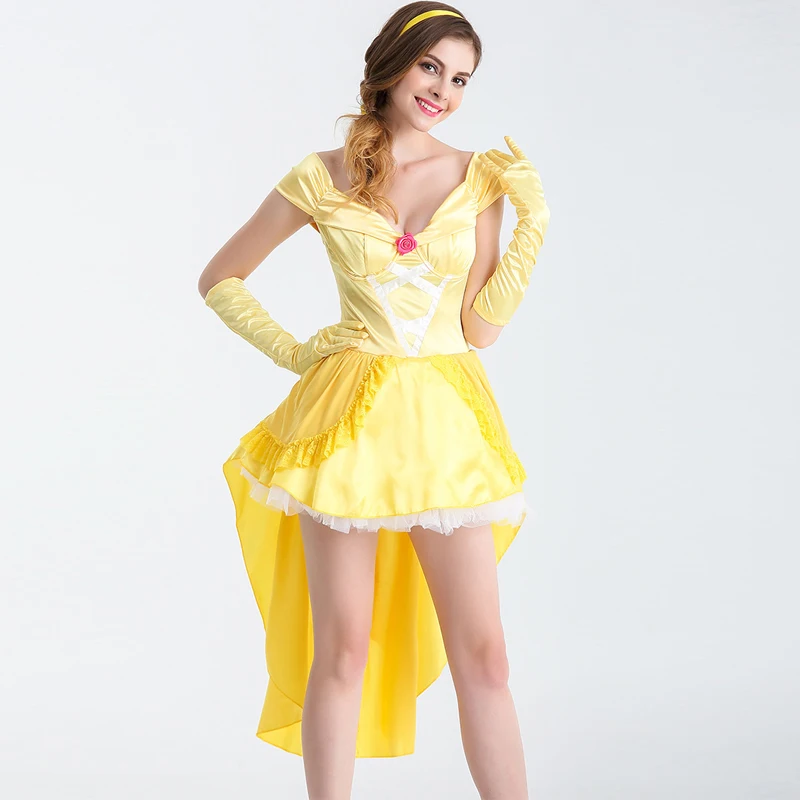 

New Fashion Yellow Princess Fancy Dress for Adult Women Halloween Carnival Short Sleeve Princess Lolita Cosplay Costume Outfits