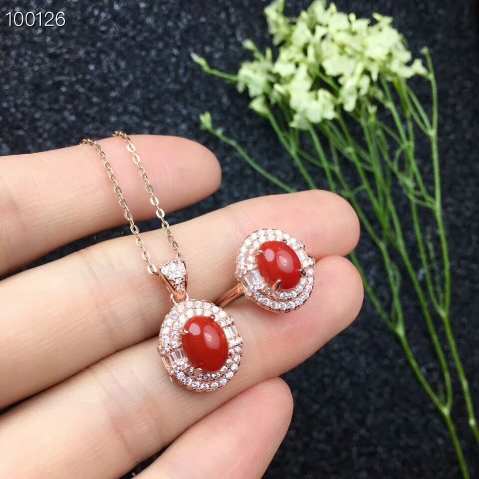 KJJEAXCMY boutique jewels 925 pure silver inlaid natural red coral female ring + pendant suit jewelry support test view 4