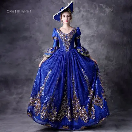 100%real  royal blue court cosplay sequined ball gown medieval dress Renaissance gown queen Victorian Belle Ball gown