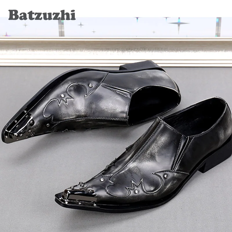 Batzuzhi Handmade Japanese Style Shoes Men Leather Bronze/Grey Pointed Iron Cap Business Dress Shoes Men Genine Leather Shoes