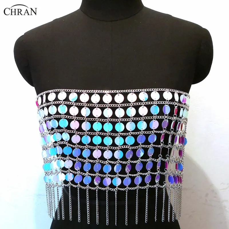 Chran Sequins Beads Crop Top Chain Rave Crystal Choker Necklace Halter Bra Bralette Bikini Wear Party Festival Sexy Body Jewelry