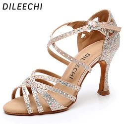 DILEECHI Latin Dance Shoes Women Big Small Rhinestone Shining Skin Bronze Satin Salsa Party Ballroom Shoes Cuba High heel 9cm