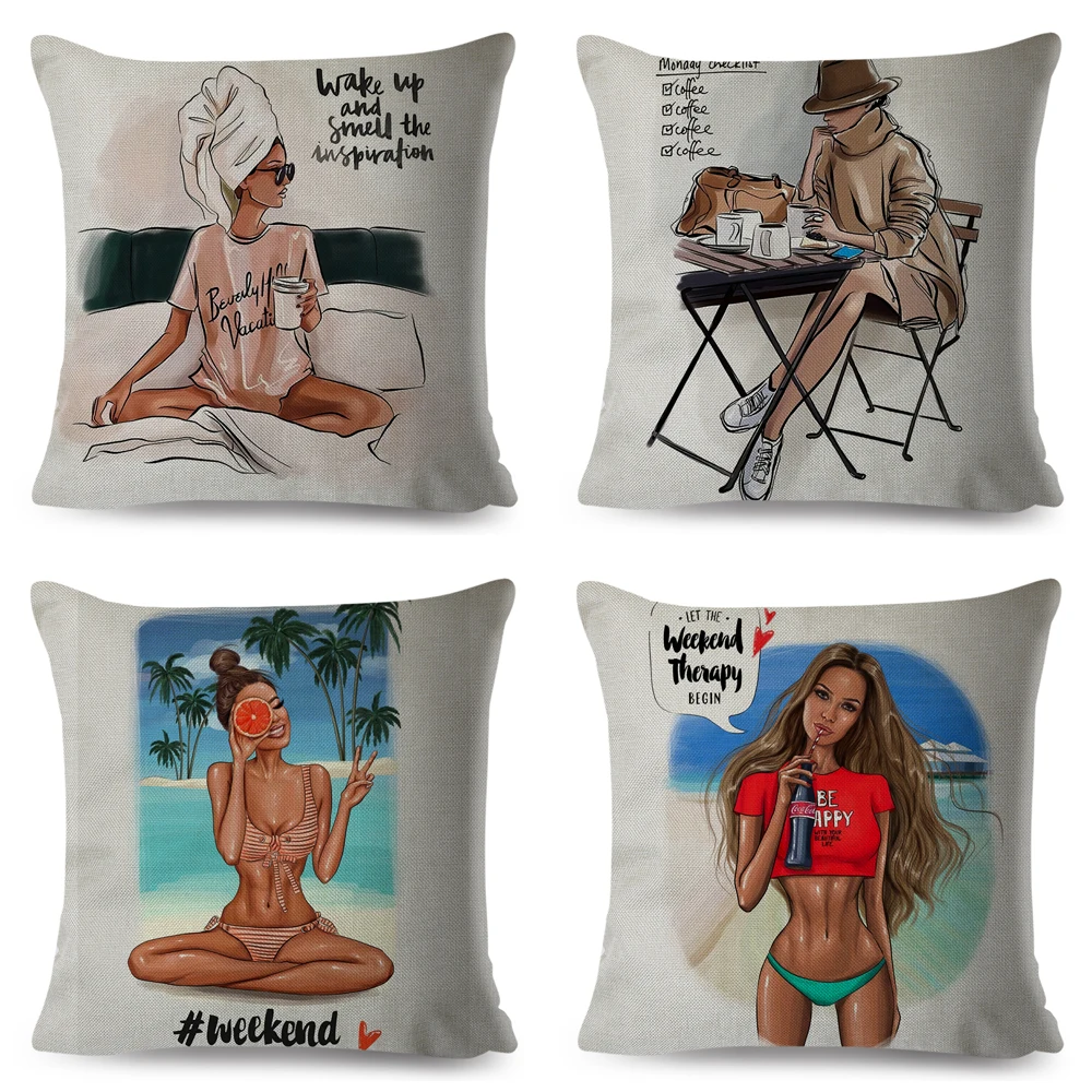 Sleep All Day Super Sexy Cartoon Girl Pillow Case 45x45cm Decor Cartoon Girl Cushion Cover for Sofa Home Polyester Pillowcase