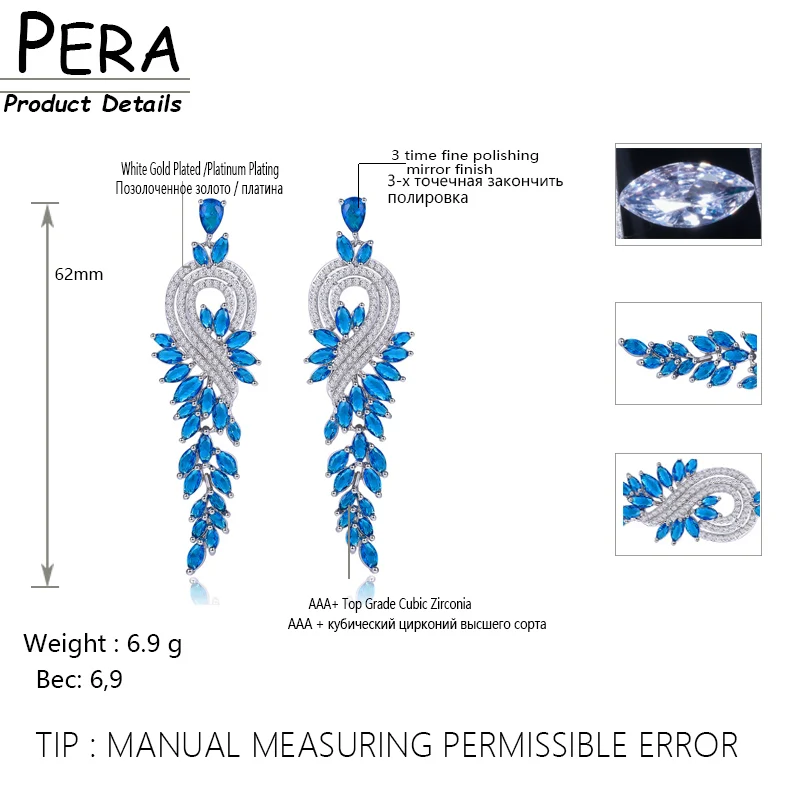 Pera Luxury Right and Left Asymmetric Design Marquise Cut Blue Cubic Zirconia Women Party Jewelry Long Tassel Drop Earrings E226