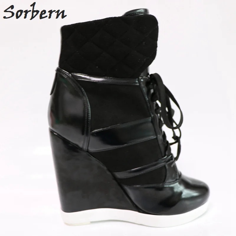 Sorbern Black Oil Pu Women Boots Ankle High Lace-Up Us Size 15 Wedge Heeled Boots Women Black Shoes For Women Footwear