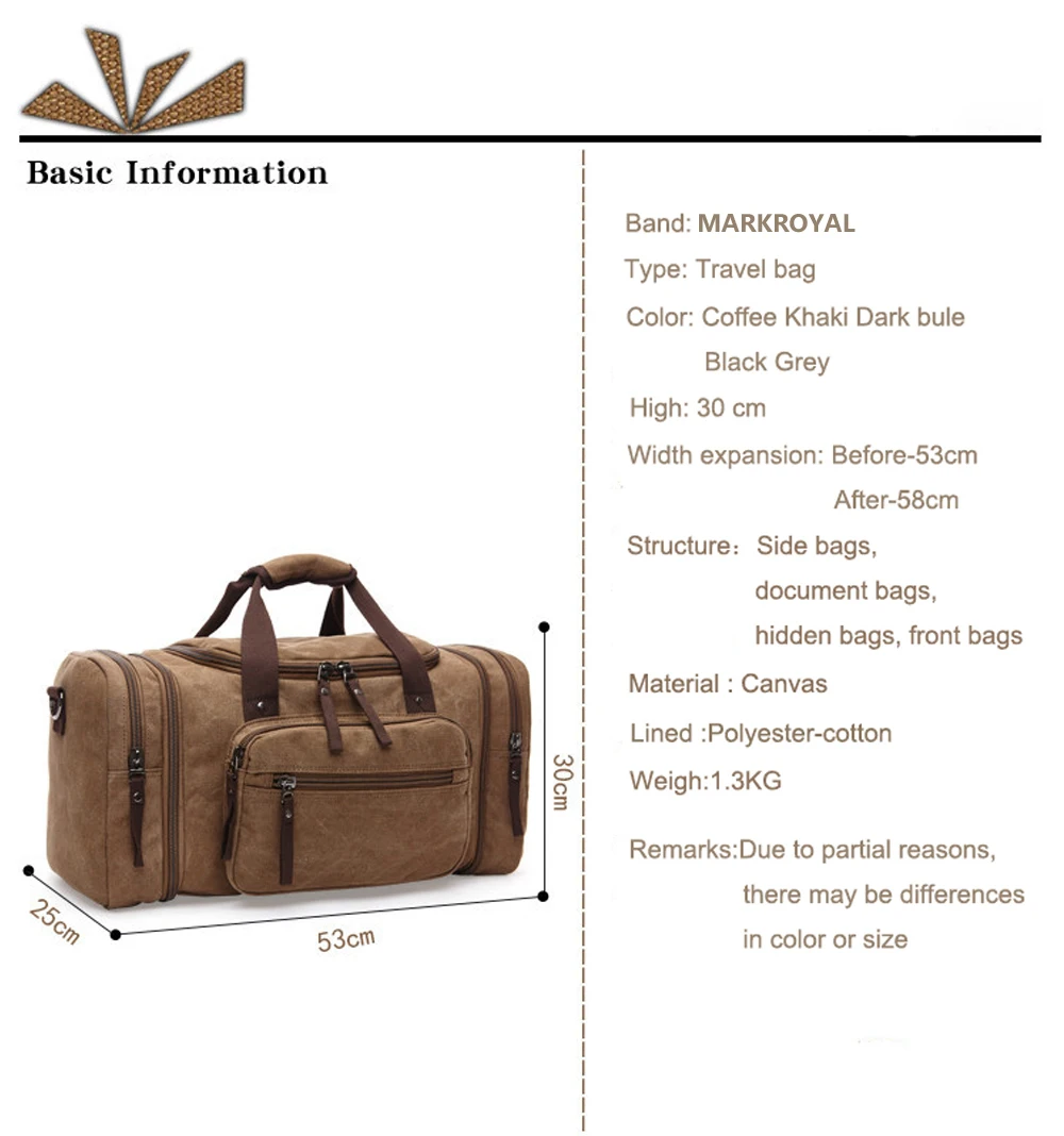 MARKROYAL Canvas Travel Bag Large Capacity Carry-on Luggage Bag
