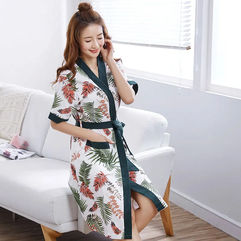 Summer Autumn 100% Cotton Women Robes Kimono Nightgown Casual Sleeprobe Loose Large Size Home Bathrobe Lady Dressing Gown Robe