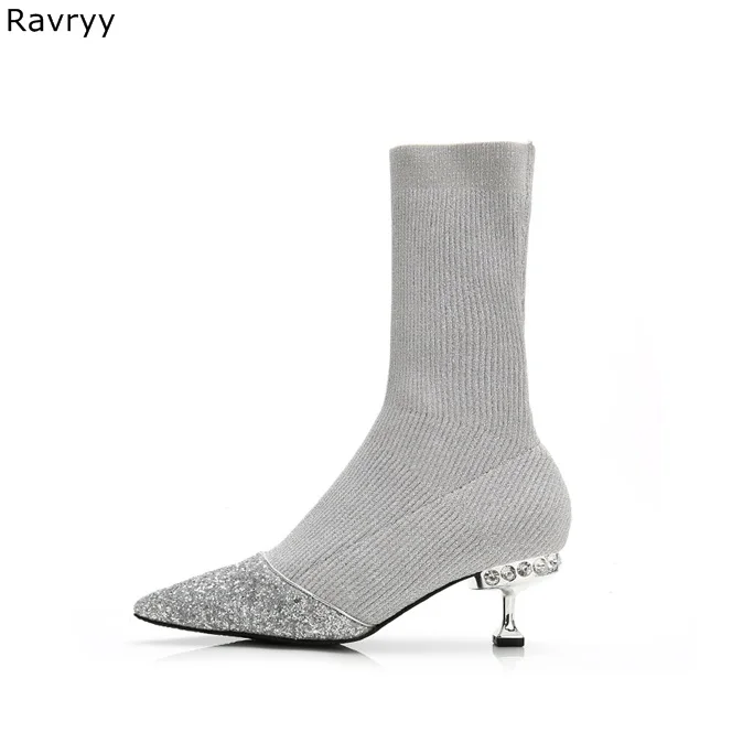 Elastic Knitting Woolen Light Gray Woman Ankle Boots Autumn winter Short Boot crystal decor thin Heel Pointed Toe Female Shoes