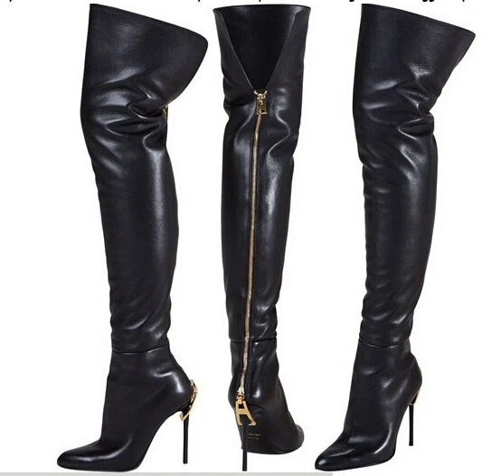 Christmas gift women slim thigh high boots genuine leather gold zip on the back thin high heels pointed toe dress boot for women