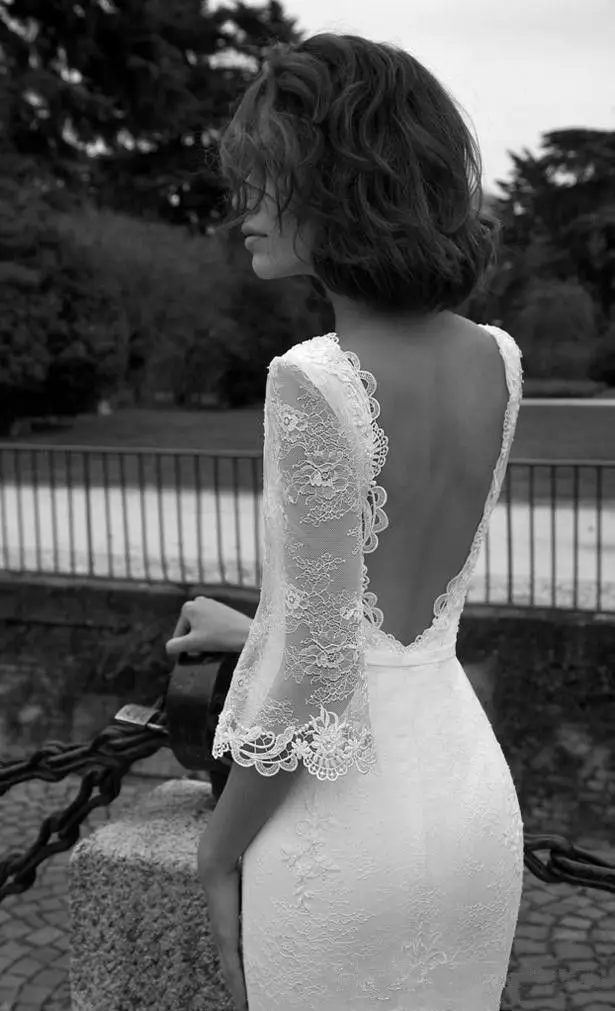 Charmingbridal Mermaid Backless Kant Wedding Dress Illusion Half Sleeve Diepe V-hals Bruidsjurken Aangepast Formaat 2 4 6 8 10 12 14 16