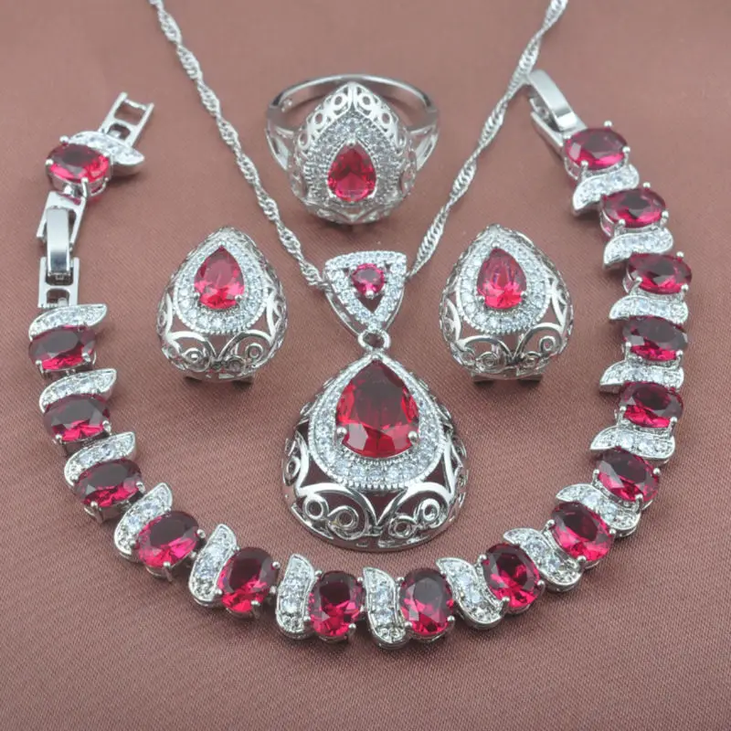 

Engagement Bridal Jewelry Sets Women's Wedding Jewelry Red Zirconia Bracelet Necklace Earrings Ring YZ0214