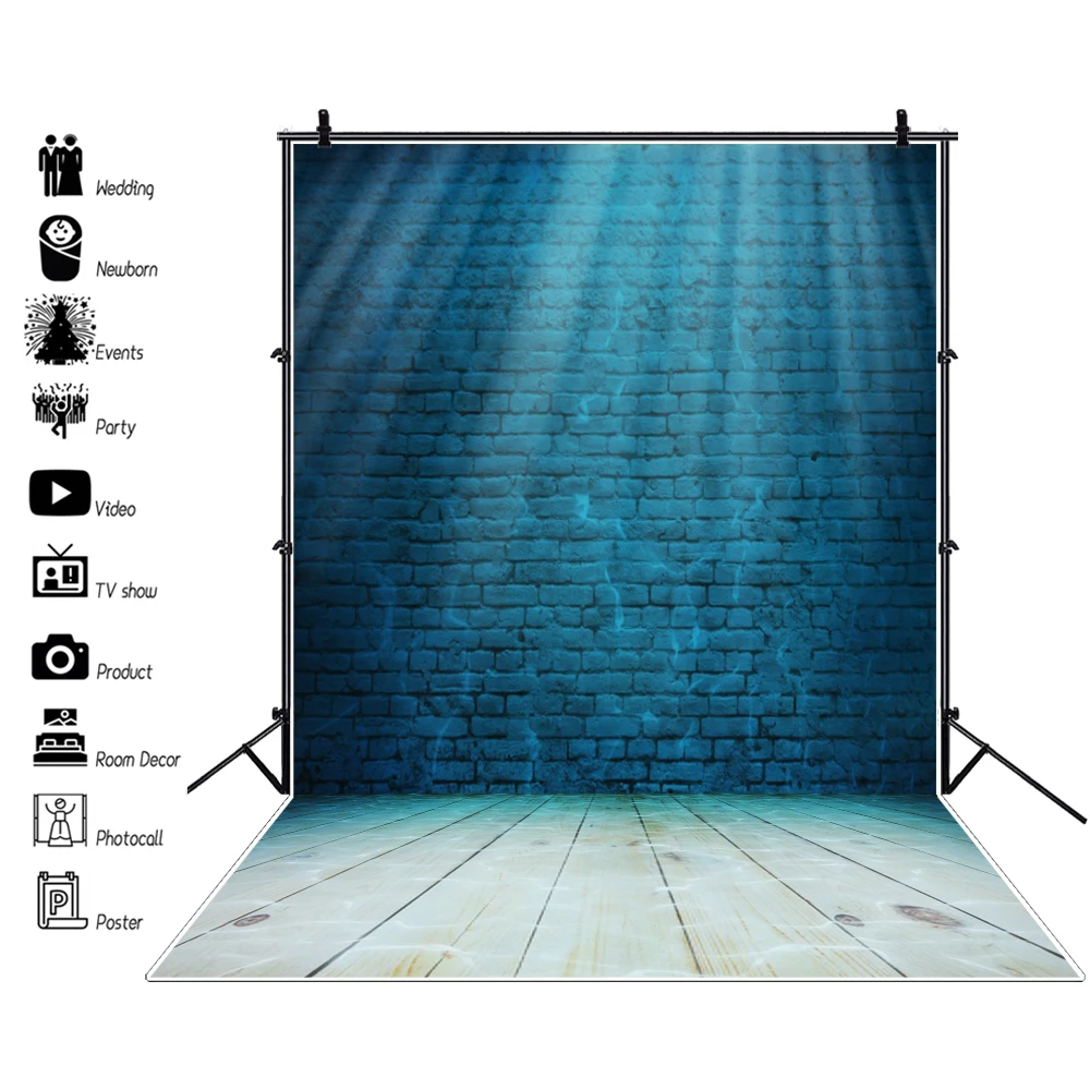 Laeacco Stage Backdrop Blue Brick Wall Bright Spotlight Wooden Floor Party Baby Photographic Background Photocall Photo Studio