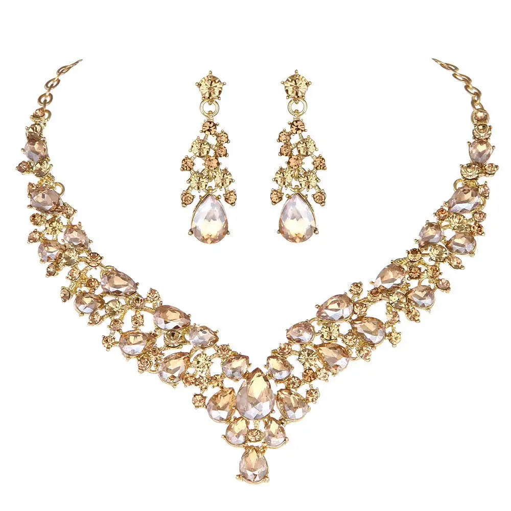 Crystal Pink Bridal Jewelry Sets Teardrop Shape Wedding Necklace Earrings African Fashion Party Jewelry Sets Accessories 8 color