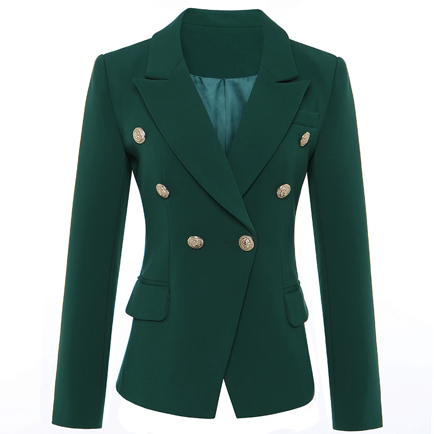 HIGH QUALITY Newest 2024 Designer Blazer Women\'s Long Sleeve Double Breasted Metal Lion Buttons Blazer Jacket Outer Dark Green