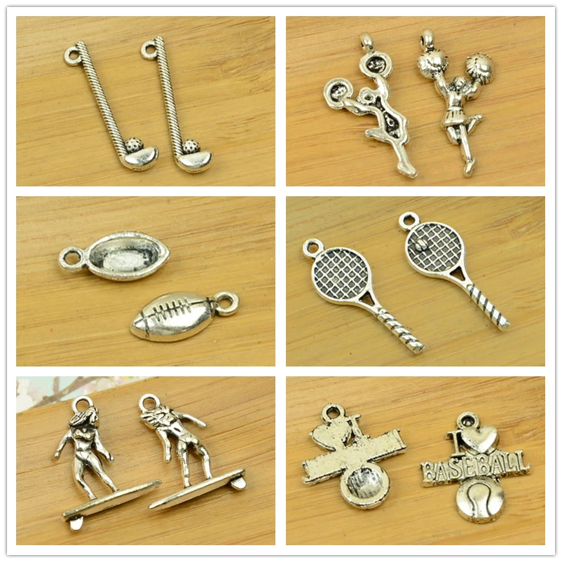 DIY alloy charm pendant sports/football/basketball/tennis/golf/hockey/bowling shape antique silver jewelry accessories beads