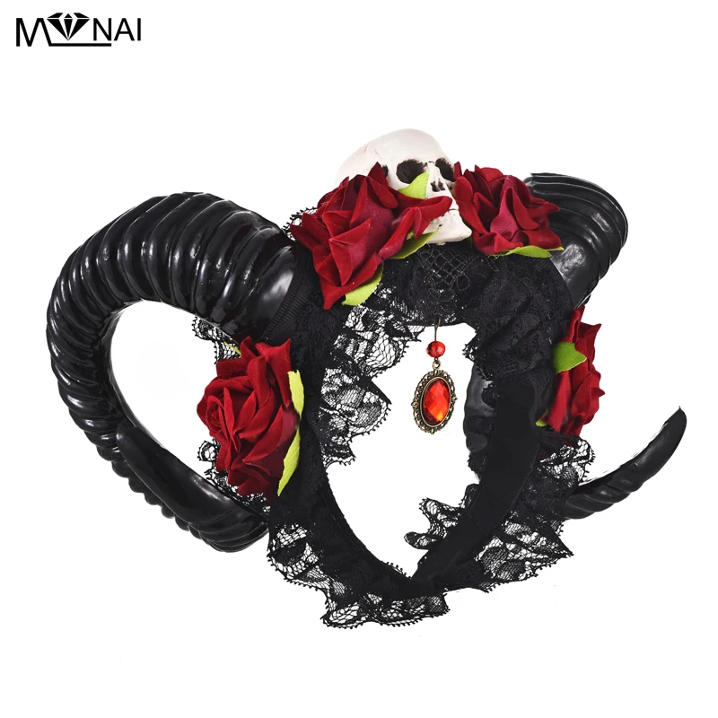 Gothic Demon Sheep Horn Retro Rose Headband Halloween Cosplay Skull Decor Hair Hoop Hair Accessories Vintage Hairpin