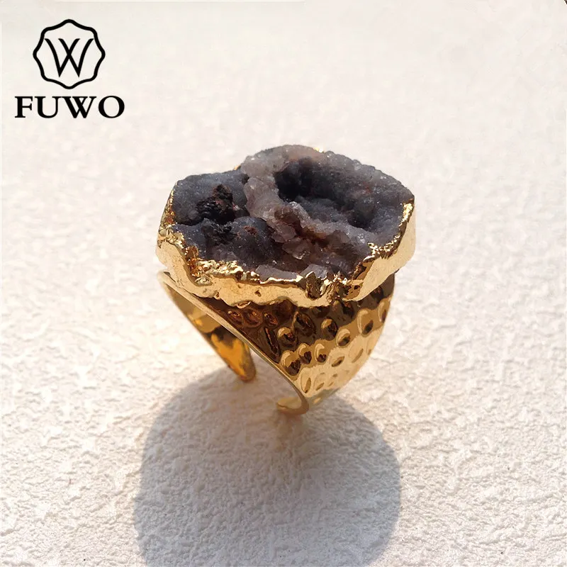 FUWO Wholesale Natural Galaxy Druzy Rings,Golden Plated Solar Agates Irregular Shape Stone Jewelry  Resizable 5Pcs/Lot RG007