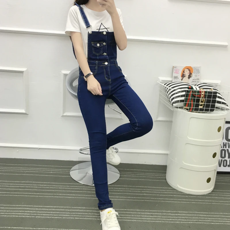 

Vintage Korean Style Women Pocket Jumpsuit Denim Slim Long Pants Bodycon High Waist Jeans Jumpsuits Solid Color Femme Jeans