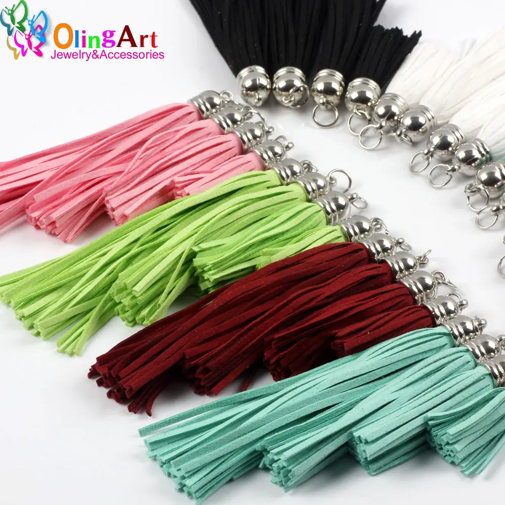 OliangArt 4pcs 4/6/8/10CM Suede Tassel DIY Keychain Cellphone Straps Jewelry making Charms Silver cap Leather Tassels