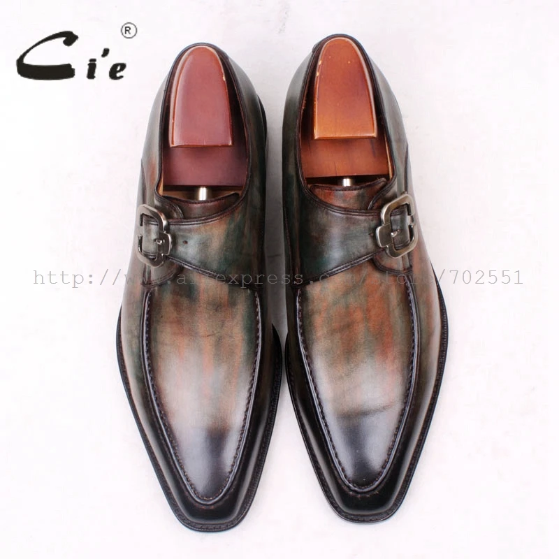 cie Square Toe Hand-Painted Handmade Single Monk Straps Pure Genuine Calf Leather Bottom Outsole Breathable Men\'s Flat ShoeMS127