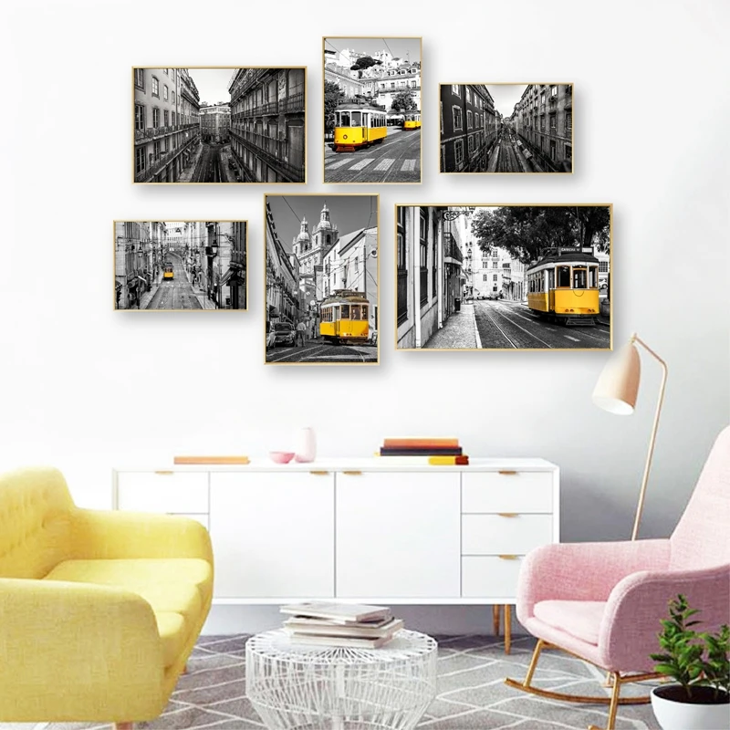 Portugal Lisbon Historic Architectural Posters and Prints Black White Wall Pictures Decor Old Street Yellow Tram Canvas Painting