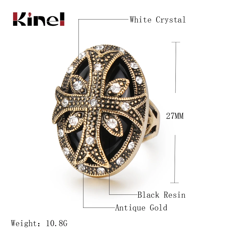 Kinel Hot Cross Ring For Women Fashion Antique Gold Crystal Rings Vintage Jewelry