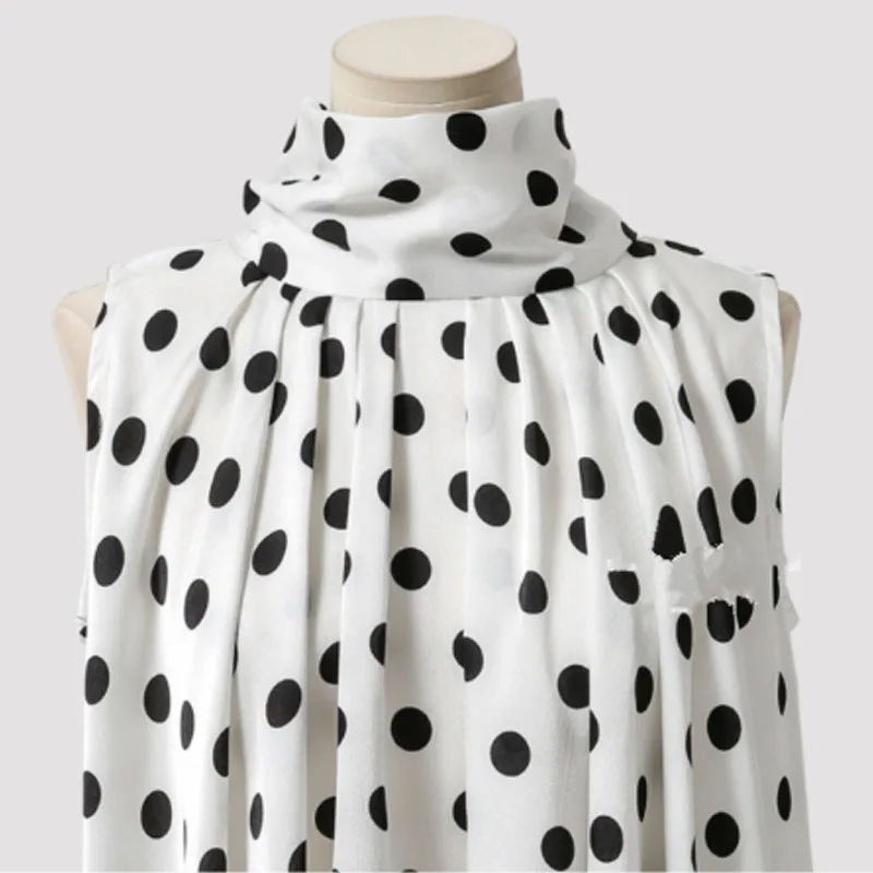 2023 Summer Women Sleeveless Blouse Oversized Tops Polka Dot Female Shirts Turtleneck Tie Bow Loose Chiffon Blause KE71