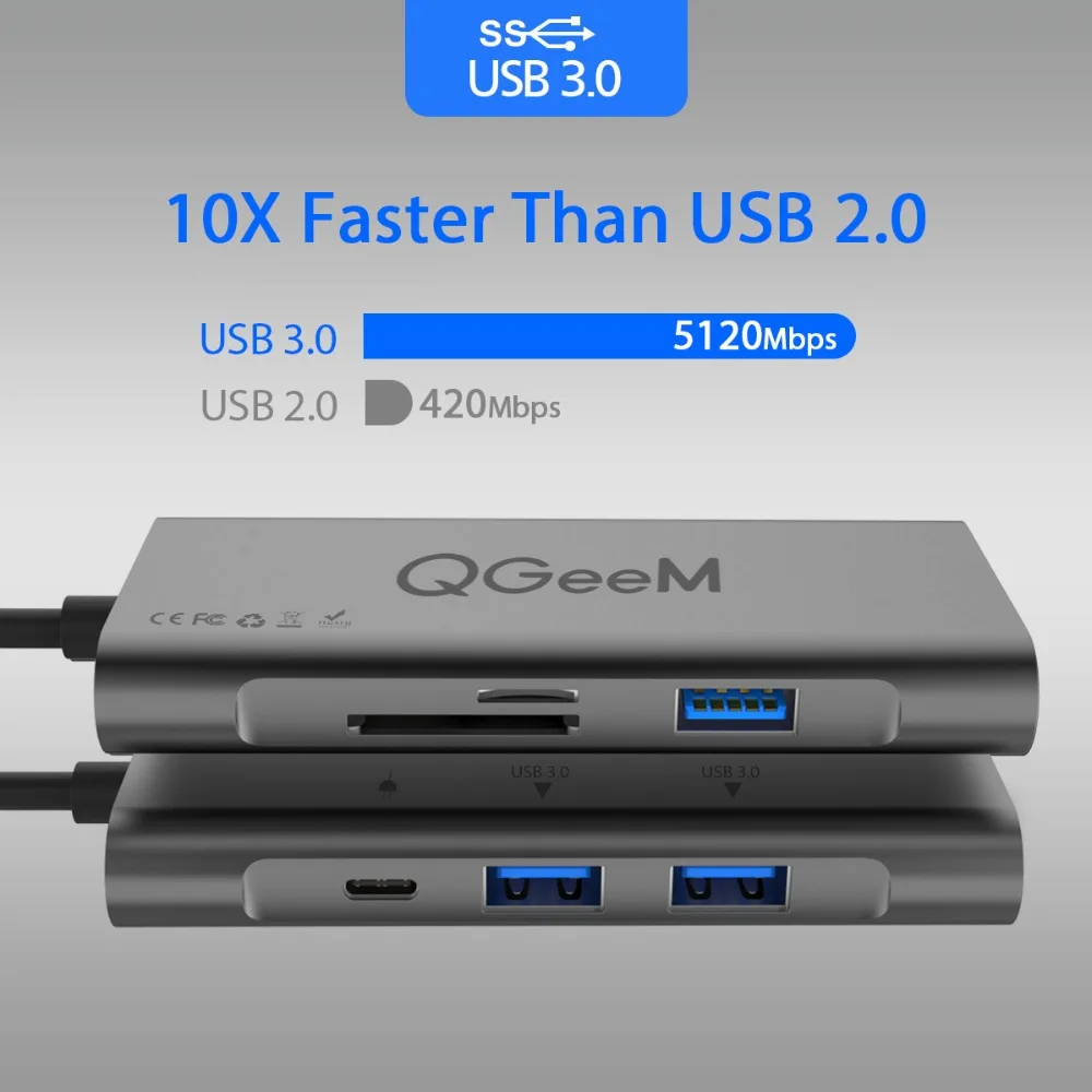 QGeeM 7in1 USB C Hub Huawei P20 Mate 20 Pro Type C USB Hub USB-C to 3.0Hub HDMI Card Reader Thunderbolt3 Adapter for MacBook Pro